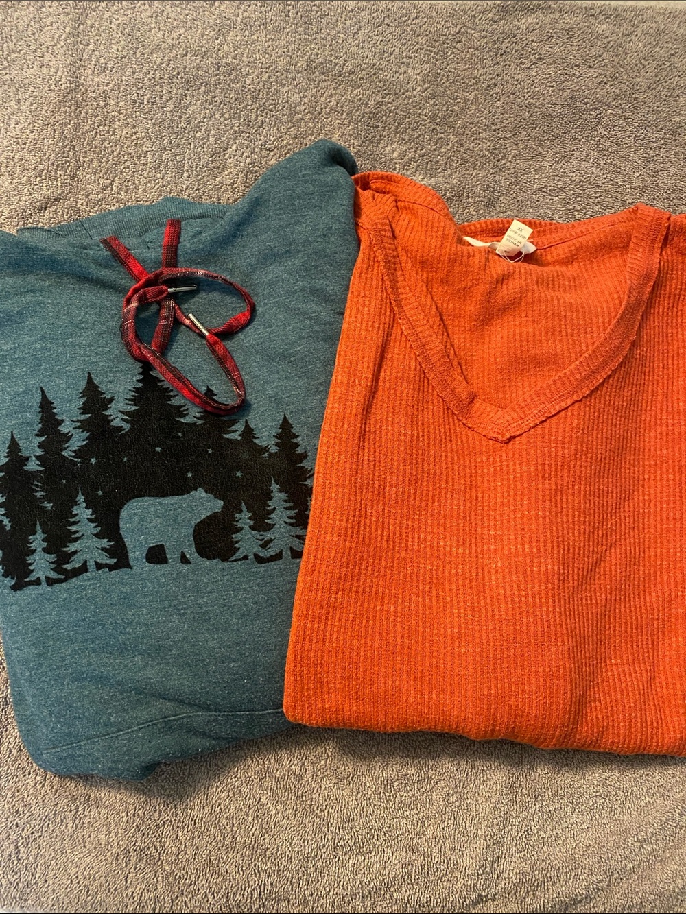 Two Tops: Maurices Pullover Hoodie and Orange V-Neck Ribbed Women's Sweater